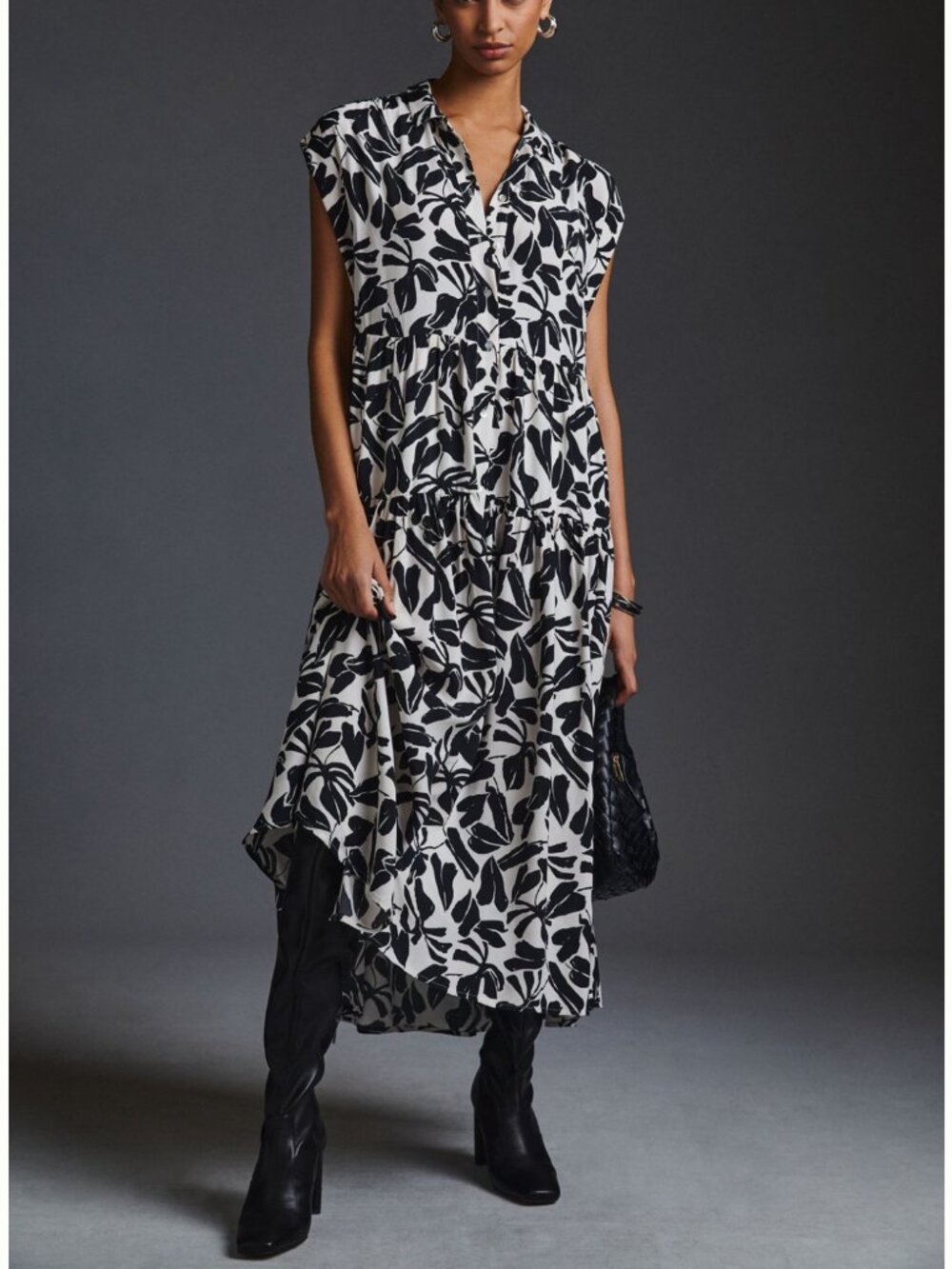 by Anthropologie Tiered Shirt Dress XXS B&W Botanical Leaf Cap Sleeve